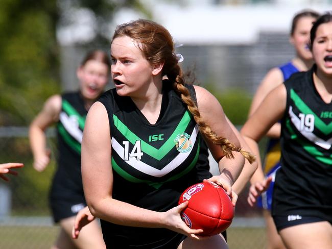 StrettSmart AFLQ Schools Cup Aussie rules - Open Girls Lindisfarne College (Blue yellow white strip) Vs Cavendish Road State High School Yeronga Wednesday 3rd August 2022 Picture David Clark