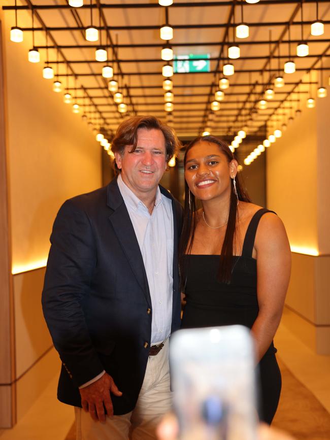 Des Hasler and Savannah Roberts-Hickling at the Gold Coast Titans NRLW 2025 Season Launch at Isoletto The Star Gold Coast. Picture, Portia Large.