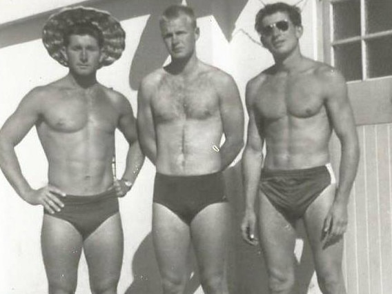 Mick Hall (left), a leading member of the Manly Life Saving Club, died aged 87. Picture: Facebook (Henry Jones)