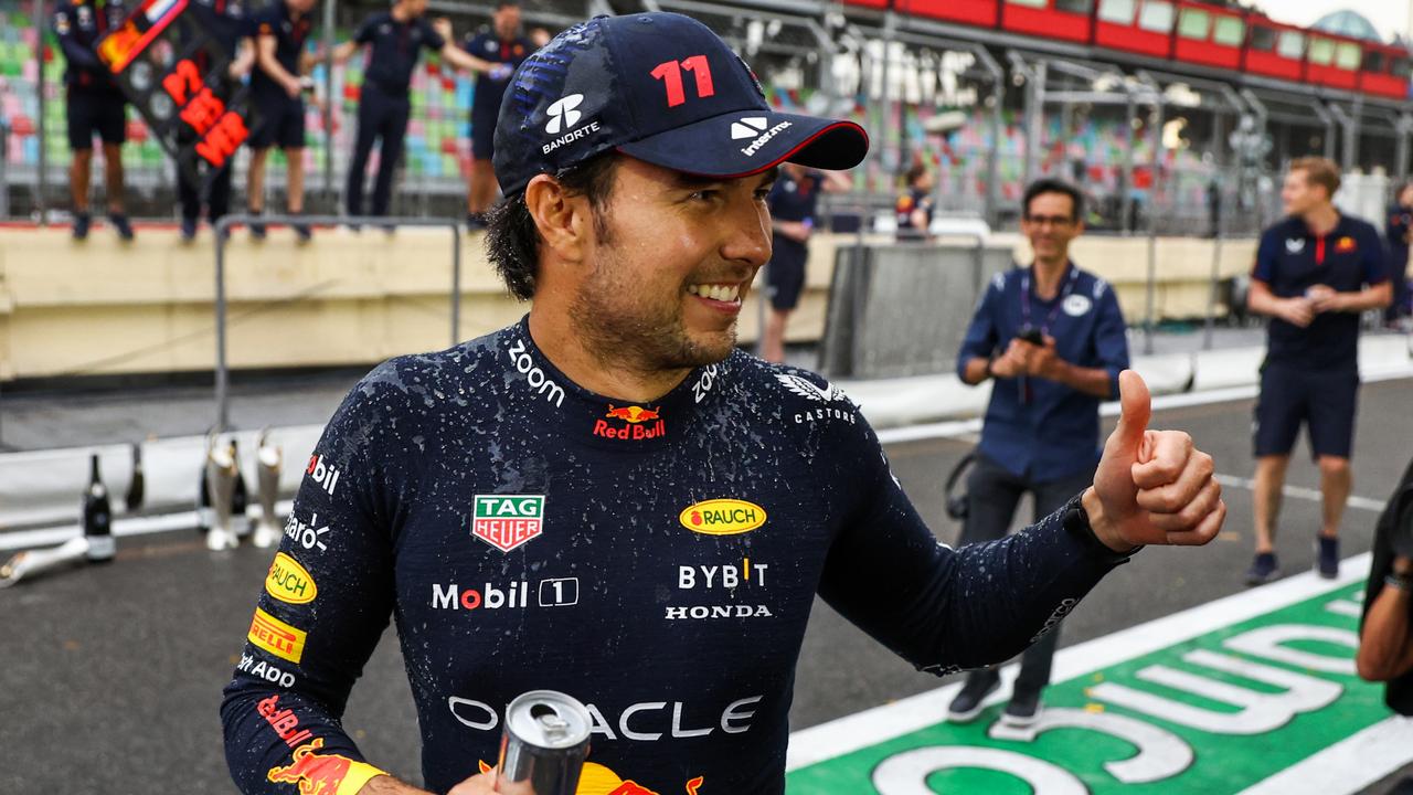 Mexico’s Sergio Perez of Oracle Red Bull Racing celebrates after winning the Azerbaijan Grand Prix at the Baku City Circuit. Picture: Getty Images