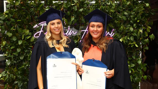 Tabitha Lawrence and Zoe Angus at the Deakin University Graduation post ceremony celebration. Picture: Alison Wynd