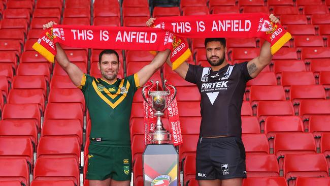 Kangaroos skipper Cameron Smith and Kiwis captain Jesse Bromwich pose ahead of the Four Nations final at Anfield.