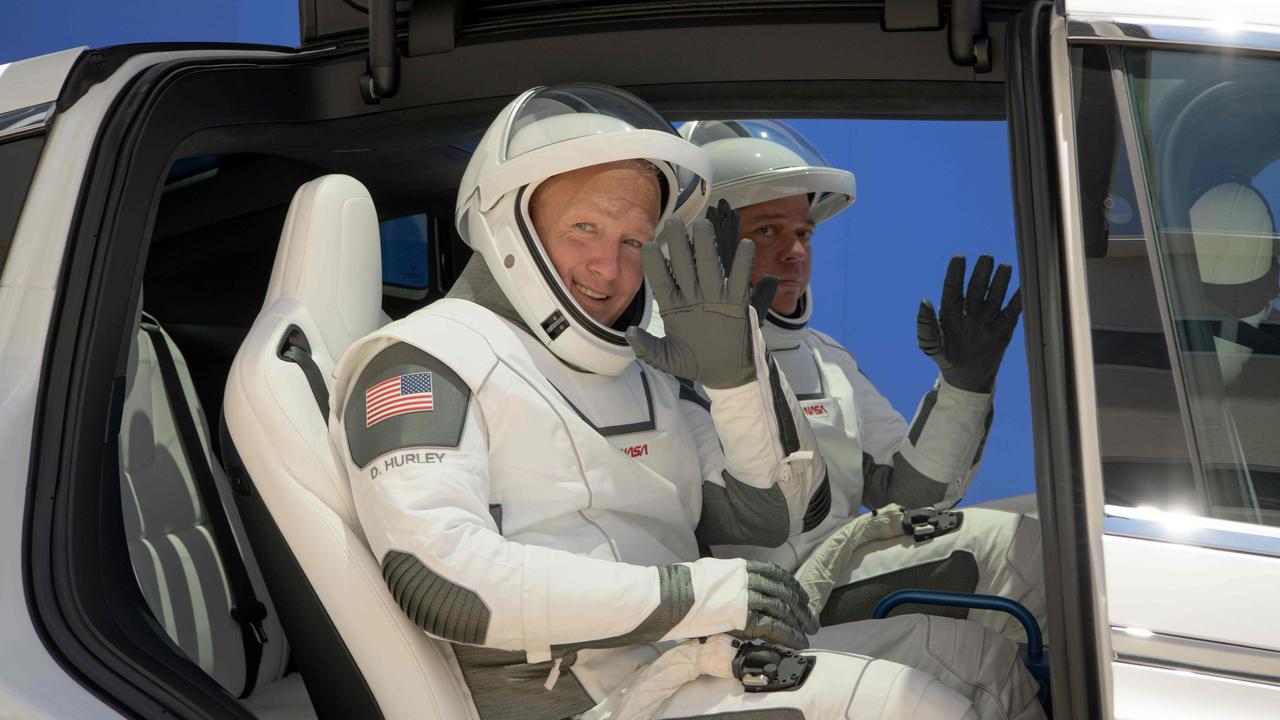 NASA astronauts Douglas Hurley, left, and Robert Behnken, wearing SpaceX spacesuits during a rehearsal for the launch. Picture: AFP/NASA/Bill Ingalls