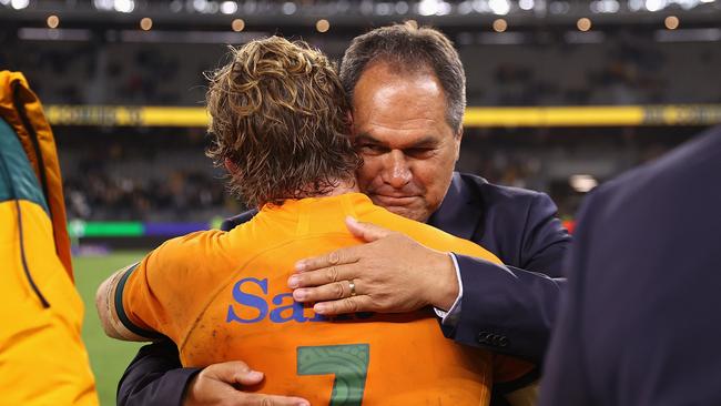 Michael Hooper of the Wallabies and Wallabies Coach Dave Rennie. Picture: Cameron Spencer/Getty