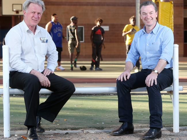 Education Minister Christopher Pyne visits Principal Roger Ashcroft at Yirara College boarding school in Alice Springs earlier this month. Picture: Calum Robertson