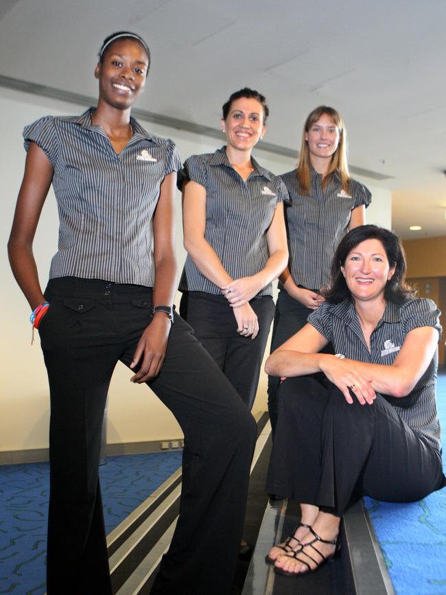 Romelda Aiken, Peta Stephens, Tamsin Greenway and coach Vicki Wilson during a Queensland Firebirds launch at the Brisbane Convention Centre. Picture: David Kapernick