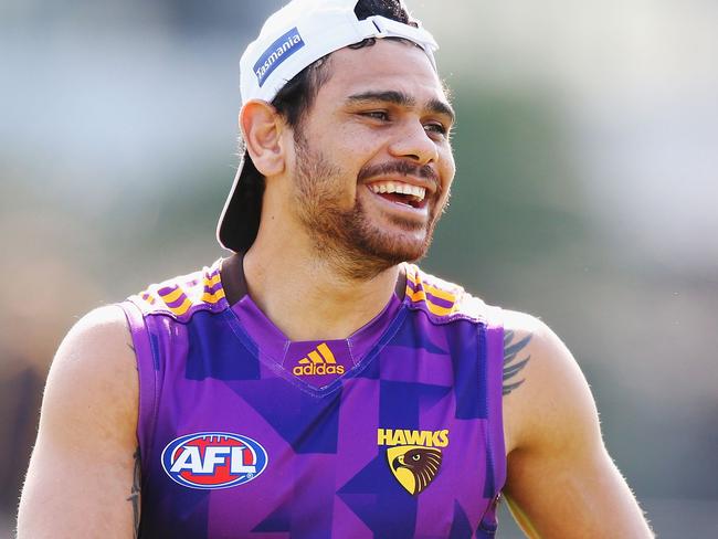 MELBOURNE, AUSTRALIA - SEPTEMBER 06: Cyril Rioli of the Hawks reacts during a Hawthorn Hawks AFL training session at Waverley Park on September 6, 2016 in Melbourne, Australia. (Photo by Michael Dodge/Getty Images)