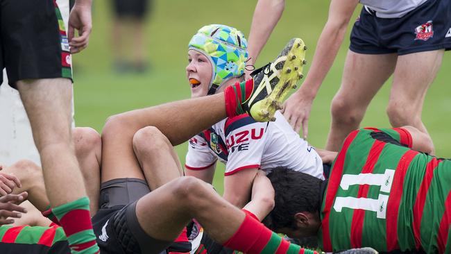 Ethan Strange scores a try for Central Coast Roosters during their Harold Matthews rugby league match versus South Sydney at Morry Breen Oval at Kanwal on Saturday, 11 January, 2020. Picture: Troy Snook