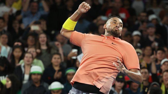 Nick Kyrgios punches the air after his inspiring win.