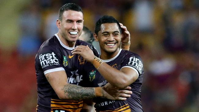 Darius Boyd and Anthony Milford are all smiles at Suncorp Stadium. Picture: Darren England.