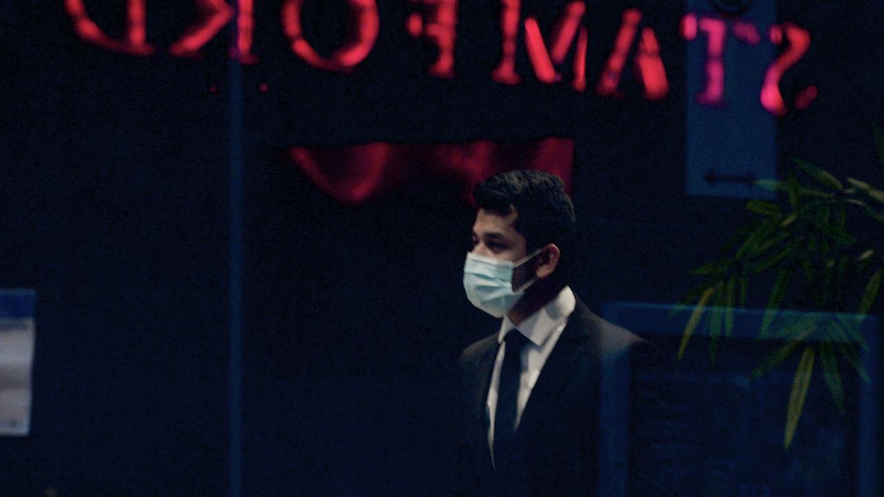 Security guards at the Stanford Hotel, Melbourne, which has been linked to a COVID-19 cluster for quarantined international arrivals. Picture: NCA NewsWire/Andrew Henshaw