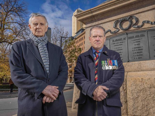 SA Boer War Association president Dr Tony Simson and RSL-SA Anzac chair Major Ian Smith at the Boer War Memorial n Adelaide CBD. Pictured on June 15 2024. Picture: Ben Clark