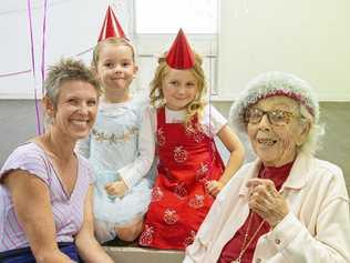 ON POINTE: Ballet teacher Leisel Fitzgerald and Feros Village Byron Bay resident Jilly Richardson (99) with preschoolers Silvy Gohra and Florence Giutronich. Picture: Contributed