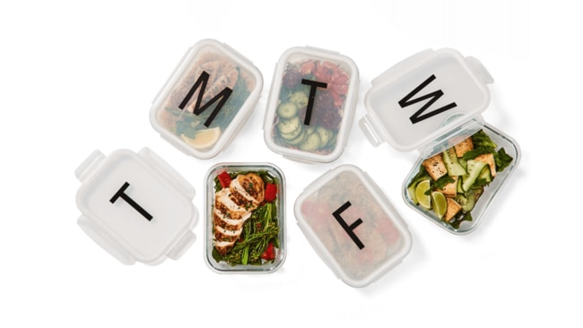 Kmart’s 5 Piece Glass Monday-Friday Meal Prep Set. Image: Supplied