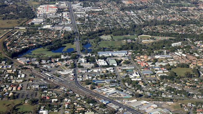 Aerial view of the Caboolture and Morayfield CBD areas.