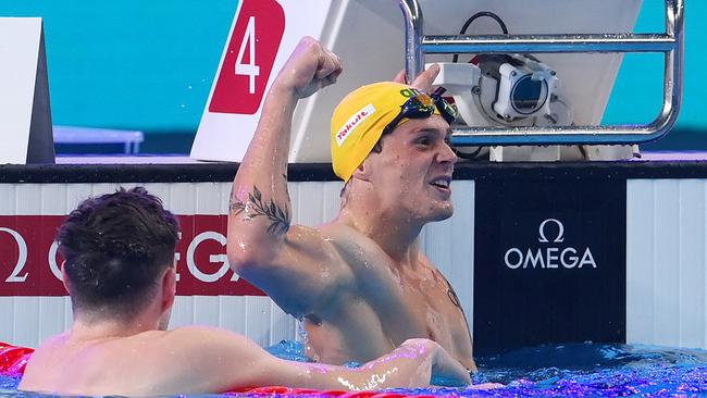 Isaac Cooper celebrates after winning gold in the Men's 50m Backstroke Final. Photo by Adam Nurkiewicz/Getty Images.