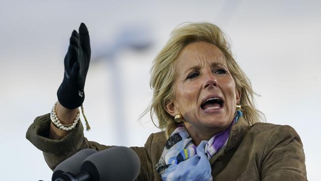 Dr. Jill Biden speaks during a drive-in campaign rally in October. Picture: AFP