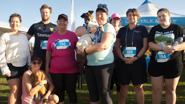 Daily Mercury team: (L to R) Lillian Watkins, Wendell Mills with Izzy, Matthew Forrest, Vicki Bugeja, Editor Rae Wilson with Scoop, Janessa Ekert, Deputy Editor Tara Miko and Heidi Petith at Run for MI Life. October 17, 2021 Picture: Marty Strecker