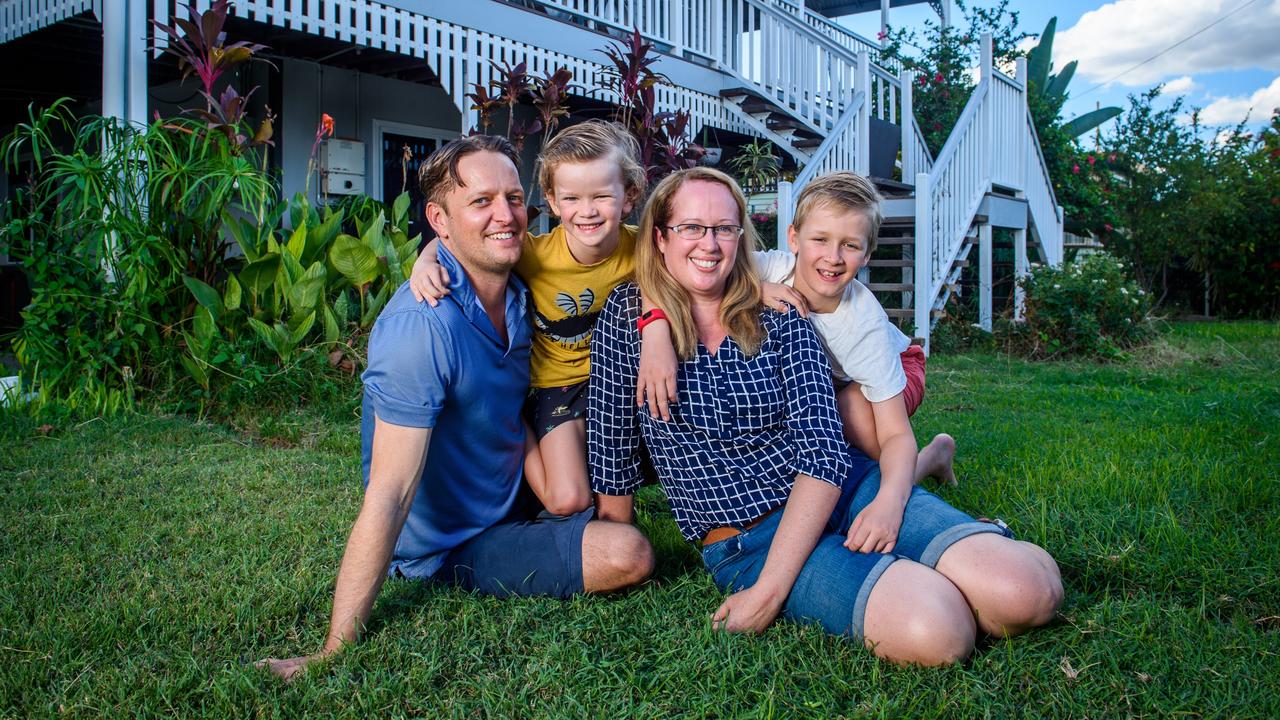 Tree changers Lorrae Strahorn, husband Tim, Lincoln, 9, and Fletcher, 6, moved from Melbourne to Charters Towers in regional Queensland for a better life and bigger home and haven't looked back. Picture: Scott Radford-Chisholm