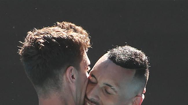 Nick Kyrgios (right) and Thanasi Kokkinakis are into the Australian Open men’s doubles final. Picture: AFP