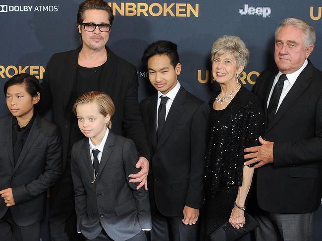 Brad Pitt with his parents Jane and William and kids Maddox, Shiloh and Pax. Picture: Gregg DeGuire/Wire