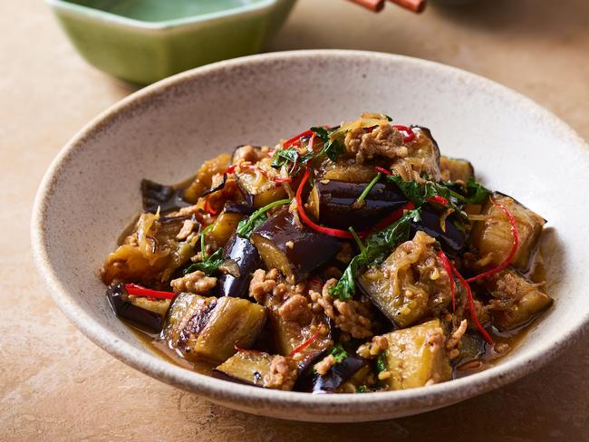 EMBARGO FOR TWAM, 19 OCTOBER 2024. FEE MAY APPLY. Eggplant with minced pork. Tony Tans Asian Cooking Class. Images and text from Tony Tans Asian Cooking Class by Tony Tan, photography by Mark Roper. Murdoch Books RRP $59.99.