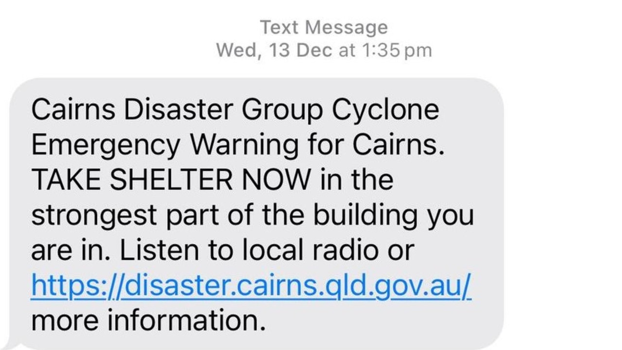 A CairnsAlert message sent about four hours before Cyclone Jasper made landfall. Picture: Supplied