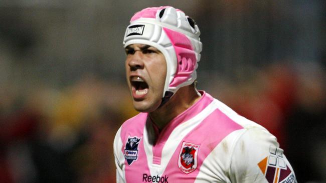 Jamie Soward celebrates his try during the NRL Round 16, Dragons v Tigers, WIN Jubilee Stadium, Friday, June 25, 2010. Dragons won 34-10. (AAP Image/Action Photographics, Renee McKay) NO ARCHIVING, EDITORIAL USE ONLY