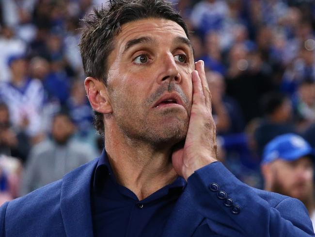 SYDNEY, AUSTRALIA - APRIL 30: Bulldogs coach Trent Barrett reacts after winning the round eight NRL match between the Canterbury Bulldogs and the Sydney Roosters at Stadium Australia on April 30, 2022 in Sydney, Australia. (Photo by Jason McCawley/Getty Images)