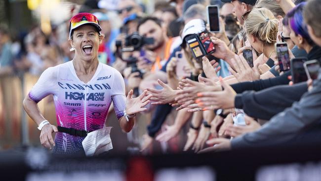 Sarah Crowley on her way down the finish chute at Ironman Cairns in 2022. Picture: Brian Cassey