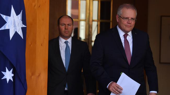 Treasurer Josh Frydenberg and Prime Minister Scott Morrison during a press conference at Parliament House on June 18, 2020 in Canberra, Australia. Picture: Sam Mooy/Getty Images