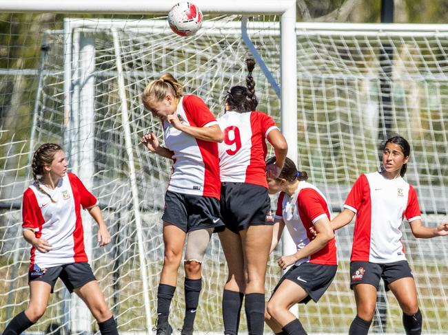 Kelvin Grove State College defending against Chancellor State College in the Queensland Schools Premier League soccer semi-finals at Logan, Thursday, August 13, 2020 - Picture: Richard Walker