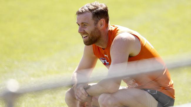 Blues co-captain Sam Docherty takes a breather during training.