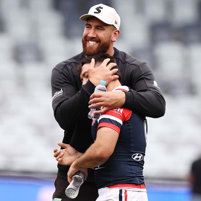 Nelson Asofa-Solomona and Brandon Smith share a moment after the trial game. Picture: Michael Klein