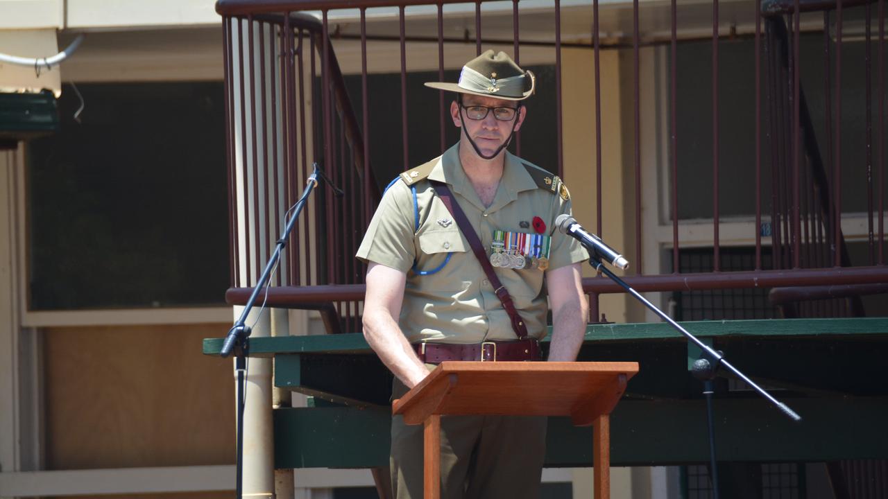 Former KSHS student and guest speaker Major Craig Campbell addresses the crowd at the 2019 Kingaroy Remembrance Day service. (Photo: Jessica McGrath)