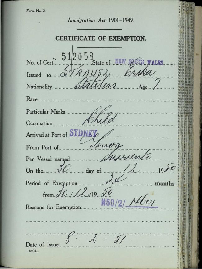 Certificate of Exemption for Erika Strausz, Josh Frydenberg's mother. Picture: National Archives of Australia