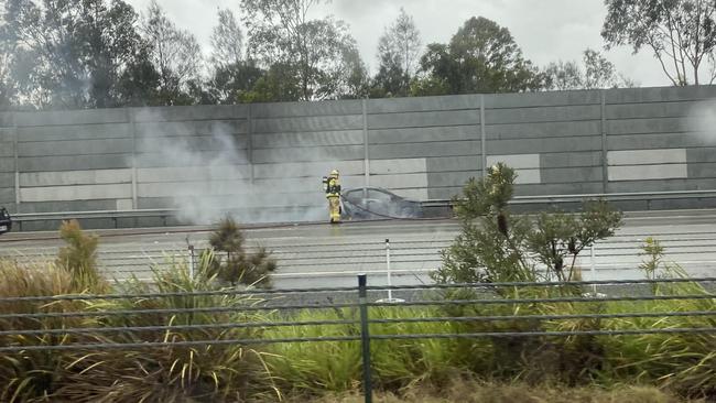 A car fire in the southbound lanes, Pimpama, Gold Coast, December 13, 2020