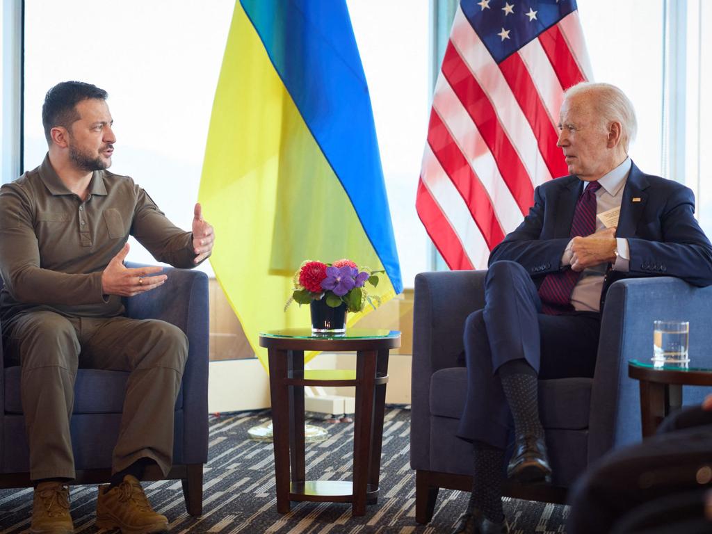 Ukraine President Volodymyr Zelensky and US President Joe Biden at G7 Leaders’ Summit. Picture: Handout / UKRAINIAN PRESIDENTIAL PRESS SERVICE / AFP