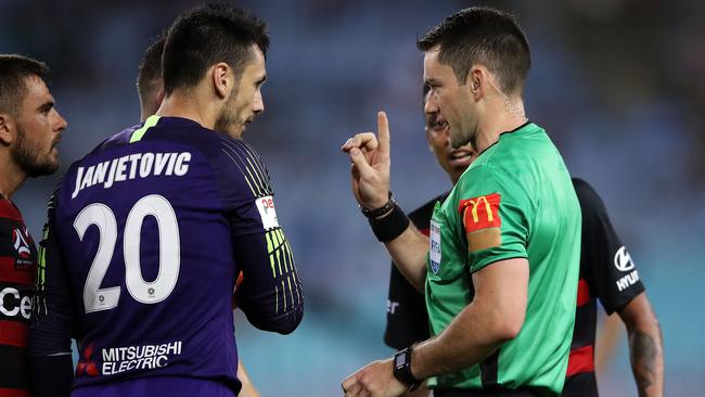 Jarred Gillett gets his point across after he sent off Wanderers goalkeeper Vedran Janjetovic in December. Picture: Getty Images