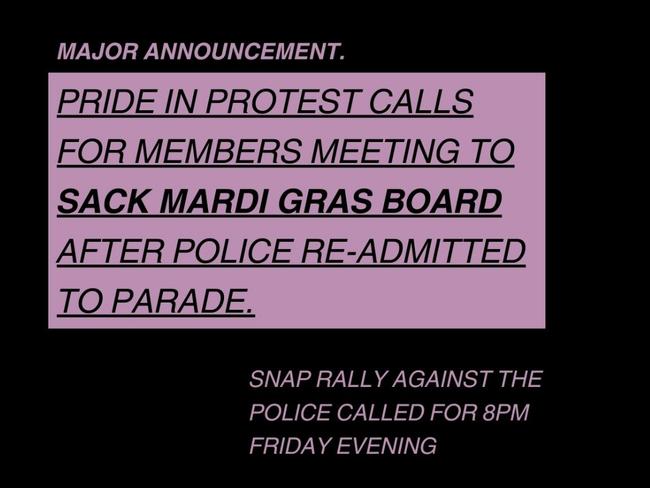 Pride in Protest was not happy when the Mardi Gras Board reversed its ban on police marching in Saturday’s parade. Picture: Facebook