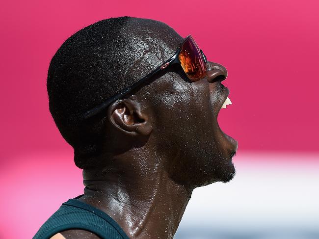 GOLD COAST, AUSTRALIA - APRIL 08:  St Clair Hodge of Saint Kitts and Nevis reacts during the Beach Volleyball Men's Preliminary round against Christopher McHugh and Damien Schumann of Australia on day four of the Gold Coast 2018 Commonwealth Games at Coolangatta Beachfront on April 8, 2018 on the Gold Coast, Australia.  (Photo by Matt Roberts/Getty Images)