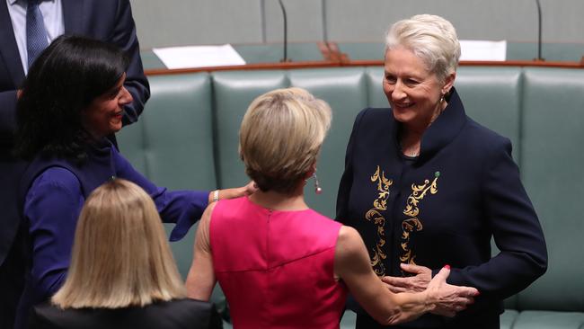 Julie Bishop congratulates Kerryn Phelps (right) after her swearing in with former Liberal MP Julia Banks (left) in Parliament House this week. Picture Kym Smith