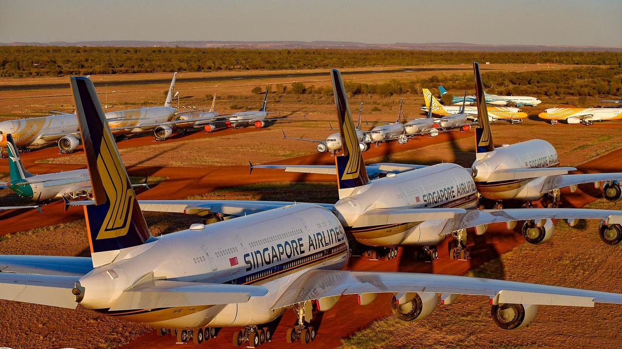 The Singapore Airlines jumbos are waiting out the pandemic in the Aussie desert. Picture: Steve Strike Photography