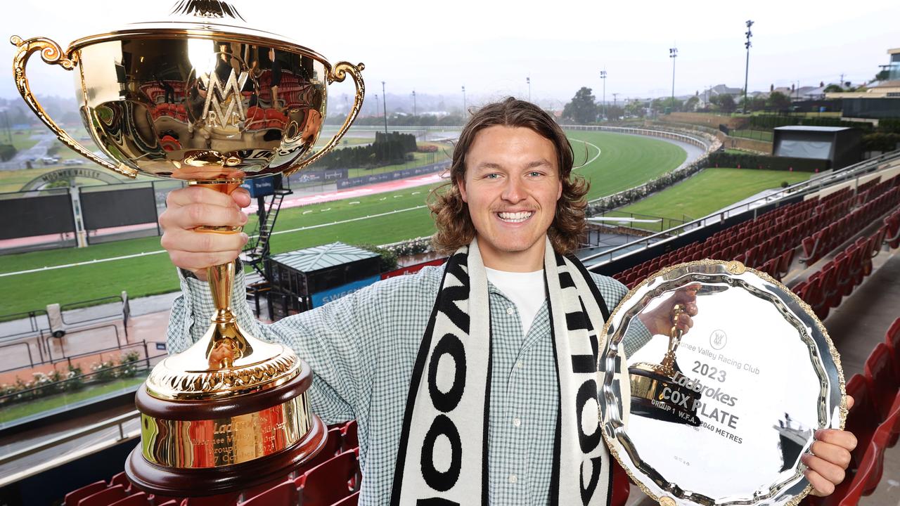 Jack Ginnivan signs on as an ambassador for Moonee Valley’s Friday night lights after playing in a Collingwood premiership. Picture: David Caird