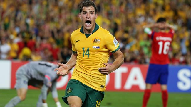 SA-born Socceroo James Troisi celebrates his winning goal in the 2015 Asian Cup final. Picture: Brett Costello