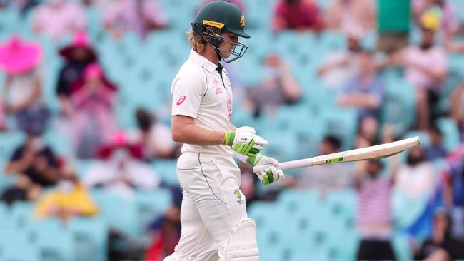 Australia's Will Pucovski leaves the field after being dismissed on day one at the SCG. Picture: AFP