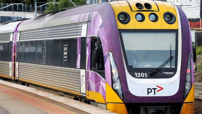 The V/Line Ballarat service hit the car about 11.30pm on Saturday. Picture: Ian Currie