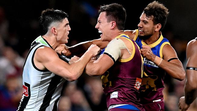 Things got heated in the clash between Brisbane and Collingwood. Picture: Getty Images