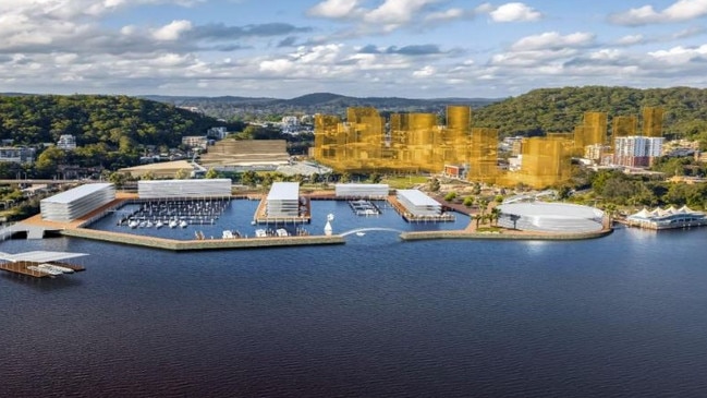 Central Coast Council's latest plans in 2022 to revitalise Gosford waterfront. An artist's impression of the view looking north with the developments already approved but not built in yellow. Picture: supplied