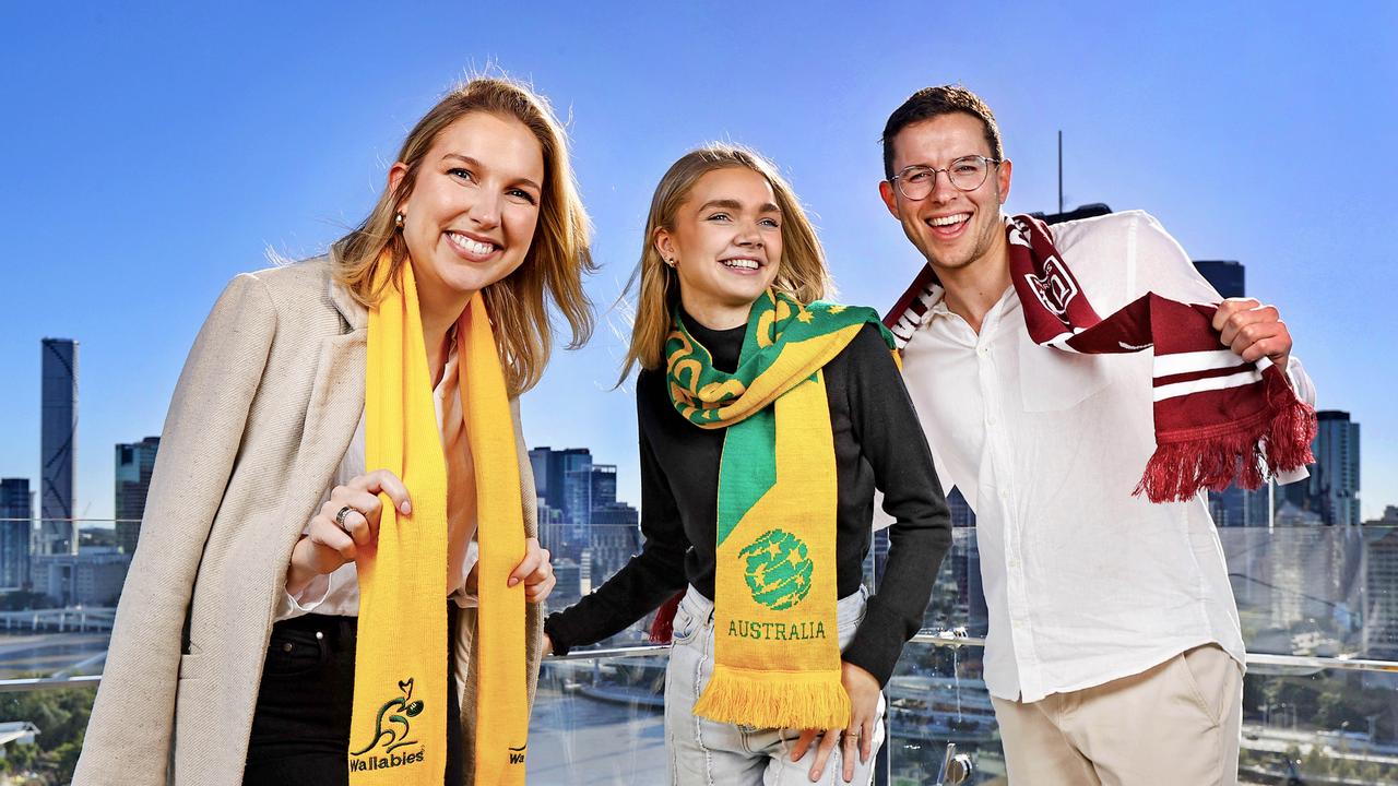 Gabrielle Bambery, Ellie Fitzgerald and Darius Goodall checking into Emporium Hotel South Bank ahead of nine days of sporting events in Brisbane. Picture: Tara Croser.